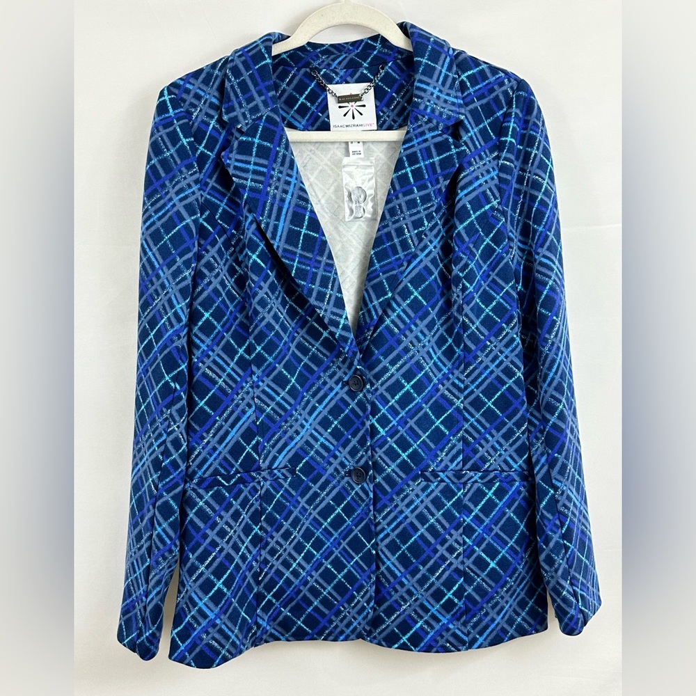 Isaac Mizrahi Live Soft Jersey Blue Plaid Geometric Design Blazer Small
